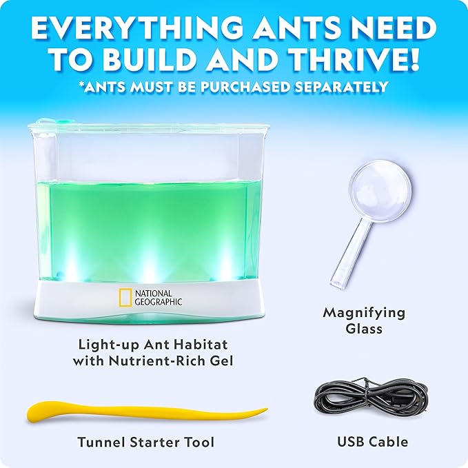 National Geographic Ant Habitat Kit - Light-Up Ant Terrarium with Built-in Magnifiers, Tunnel Starter Tool & More, Ant Activities for Kids, Ant Home, Ant Colony, Ant Habitat, Ant House for Kids