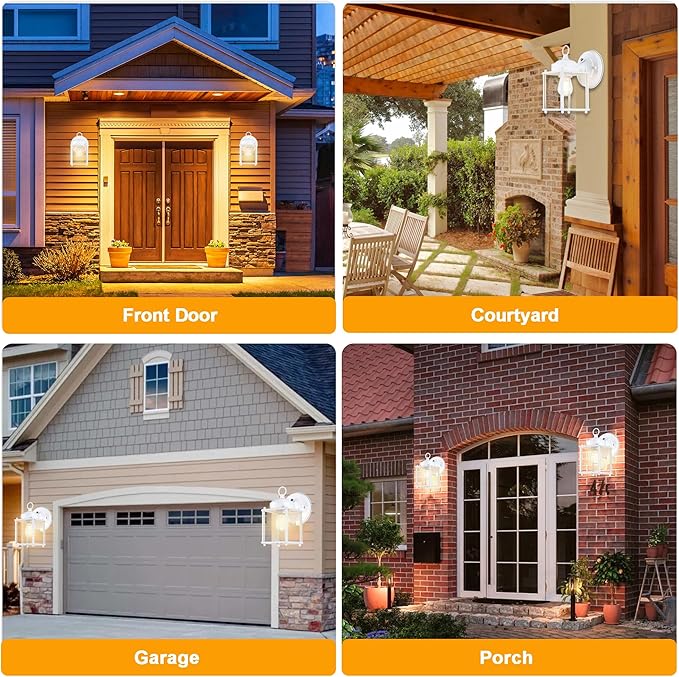 Dusk to Dawn Outdoor Wall Lantern, Modern Exterior Light Fixtures, Waterproof Front Door Wall Lighting with Clear Glass, White Outdoor Wall Lights for House, Garage, 4-Pack