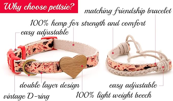 Pettsie Dog Heart Collar & Matching Friendship Bracelet – Adjustable, Durable Hemp, Soft & Comfortable, for Dog Owners, Small & Medium Sizes