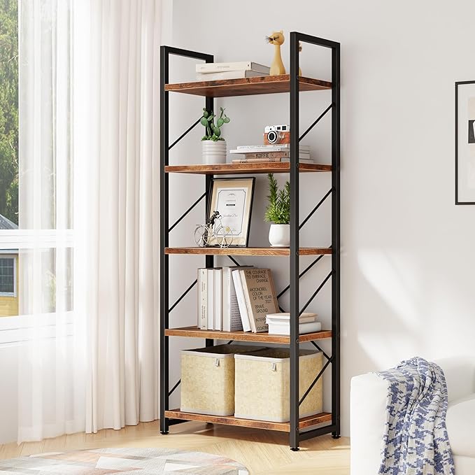 Bookshelf, 5 Tier Bookshelves, Home Office Bookcase Shelf Storage Organizer, Free Standing Storage Shelving Unit for Bedroom, Living Room and Home Office,Rustic Brown