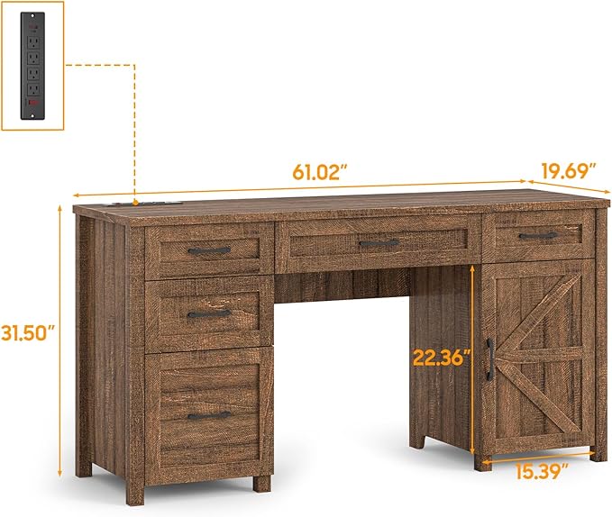 Farmhouse 61'' Executive Desk with 5 Drawers, Rustic Office Desk Computer Desk with Charging Station, File Drawers and Storage Cabinet, Wood Workstation for Study and Home Office, Red-Brown.