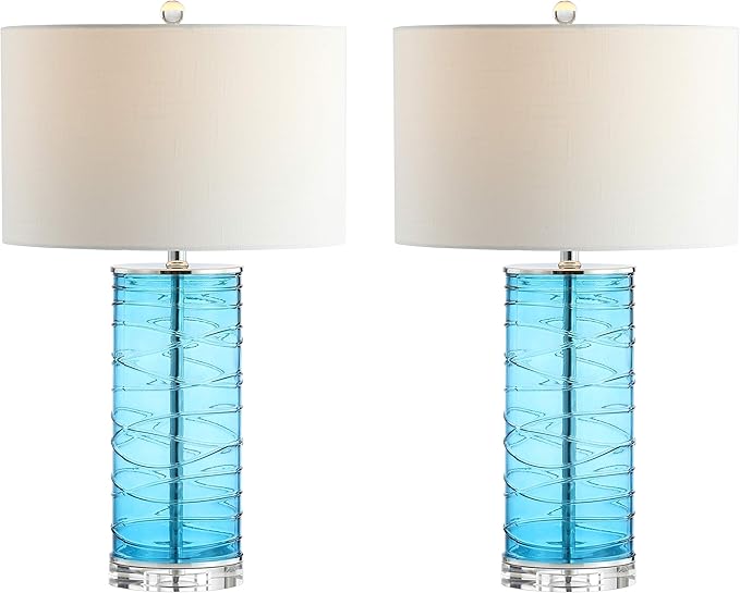 JONATHAN Y 27.5" Turquoise Modern Fused Glass Table Lamp Set of 2 for Bedroom Living Room, Coastal Nightstand Bedside Lamp with White Linen Shade, LED Bulbs Included JYL4016A-SET2