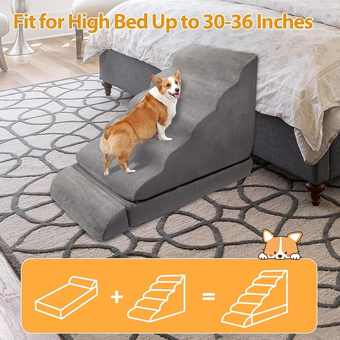 Dog Stairs/Steps for High Beds up to 30-36 inches, 30 Inch Height Pet Steps for Small Dogs/Old Pets, 30D Foam Dog Ladder for Large Dogs, Non-Slip Dog Ramp for Bed, Grey