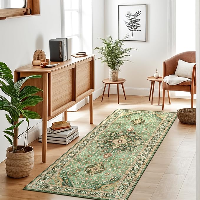 Green Rug 2x5 Runner Rugs Boho Small Washable Area Rugs for Entryway Bathroom Kitchen, Small Rugs Soft Low Pile Non-Slip Rubber Backing Oriental Door Mat