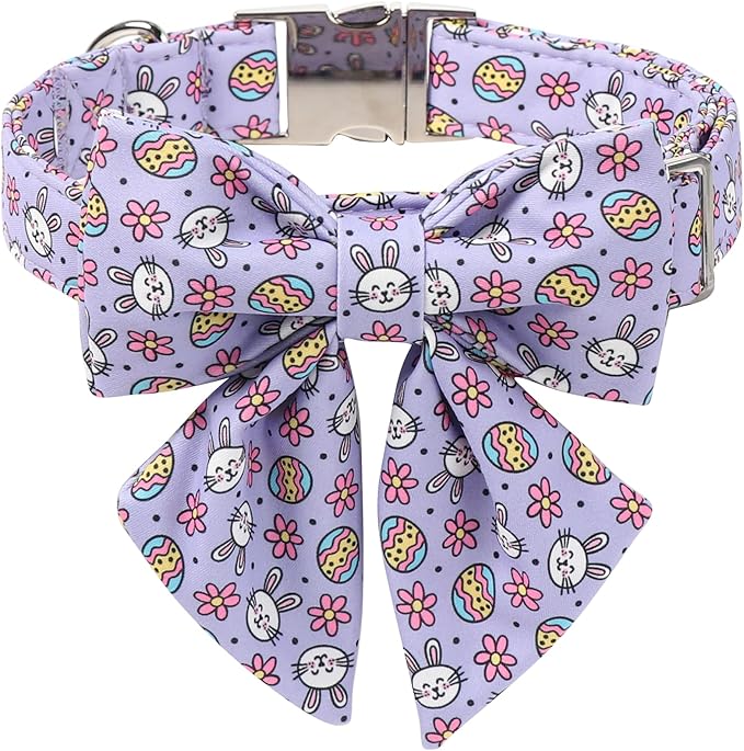 Maca Bates Easter Day Egg Dog Collar with Sailor Bow Tie for Medium Girl Boy Dogs, Purple Cute Bunny Rabbit Pattern,Adjustable Durable Soft Breakaway Collars for Male Female Puppy