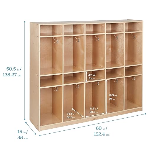 ECR4Kids 10-Section Coat Locker with Tray Storage Compartments, Classroom Furniture, Natural