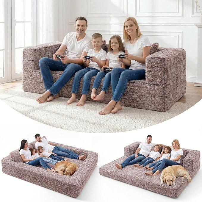 HABUTWAY Convertible Sofa Bed,3-in-1 Folding Futon Sofa Bed with Pillow, Foldable Sleeper Sofa Bed with Removable Cover,Plush Boneless Floor Chair Couch Lounge for Living Room,(Queen,Caramel)