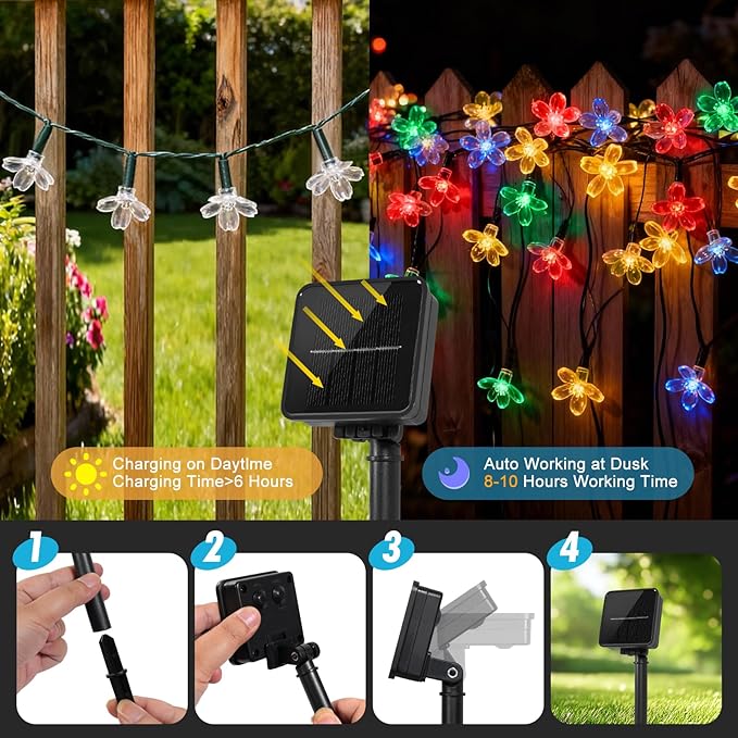 60 LED Solar String Lights Outdoor Waterproof Flower Fairy Lights for Garden Fence Patio Yard Christmas Tree Lawn Wedding Party Decor, Pink