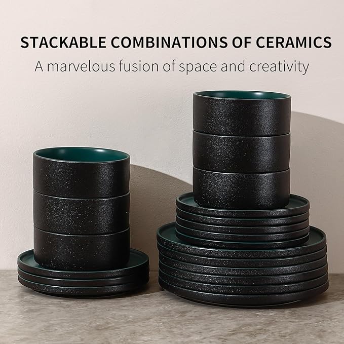 GZG Classic Series - Plates and Bowls Set for 4, 12 Piece Stoneware Dinnerware Sets, Microwave and Dishwasher Safe Lead-Free Handcrafted Ceramic Dishes Set - Malachite Green