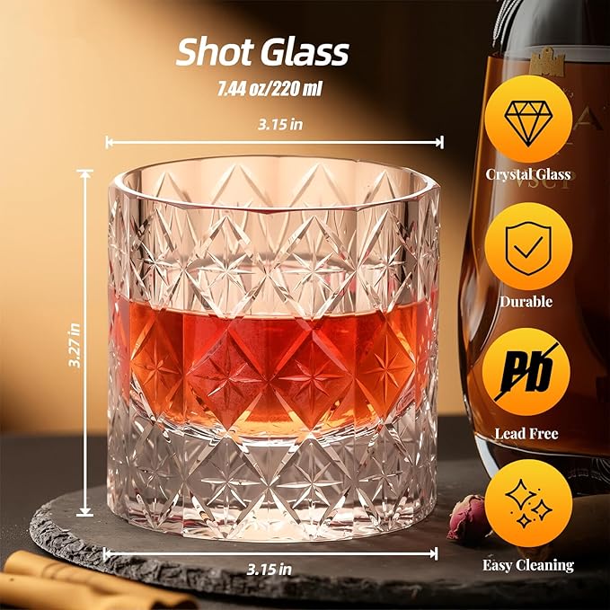 KAMMAK Crystal Whiskey Glass Set of 2, 7.44 oz (220ml) Old Fashioned Tumbler with Delicate Rim & Thick Stable Base, Hand Blown Lead-Free Barware for Scotch, Bourbon, Cocktail, 12-Facet