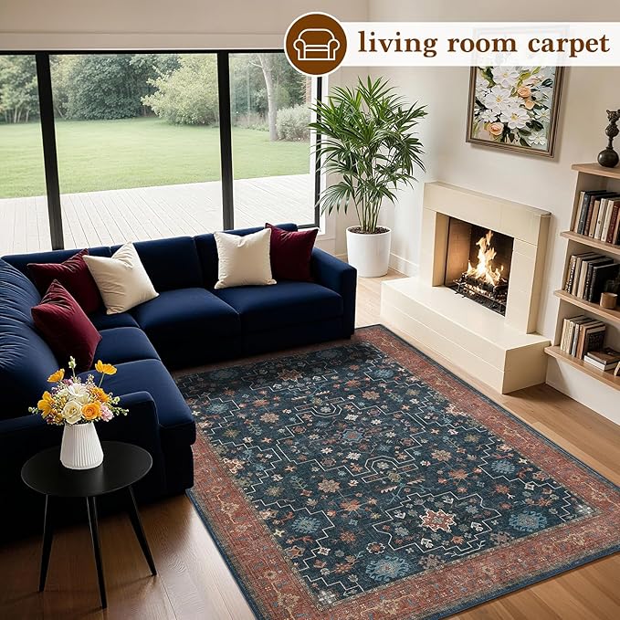 LBRO2M Farmhouse Washable Rugs 5X7 for Living Room Bedroom Vintage Non Slip Rugs Easy Clean, Low Piles Stain Resistant Carpet Distressed Area Rug Great for Pets and Family (5'X7' Distressed Blue)