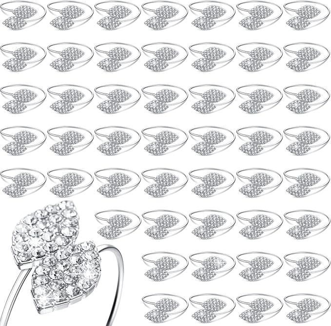 Hotop 72 Pcs Silver Holiday Napkin Rings Set Silver Bling Winter Napkin Rings Bulk Metal Leaves Holders Rhinestone Buckle for Wedding Christmas Dinner Gather Party Prom Table Decoration