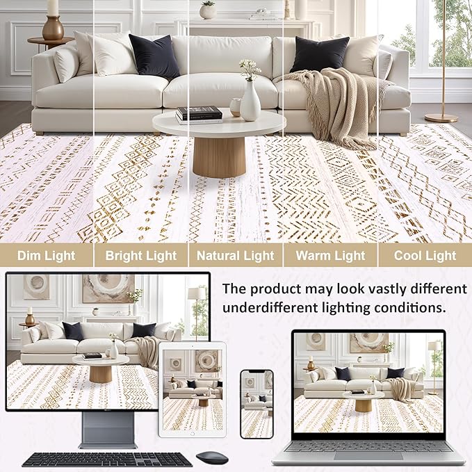 5x7 Area Rugs Living Room Rug: Washable Rug Neutral Lagre Soft Thin Carpet Indoor Floor Non Slip Boho Geometric Moroccan Carpets for Bedroom Dining Room Farmhouse Nursery Office - Brown