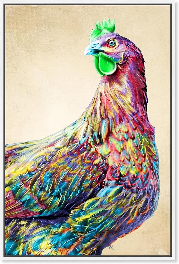 Country Farmhouse Canvas Print Painting Animal Wall Art 'Fun Colorful Glam Rooster' White Framed Canvas Rustic Home Décor 10x15 in Pink, Green by Oliver Gal