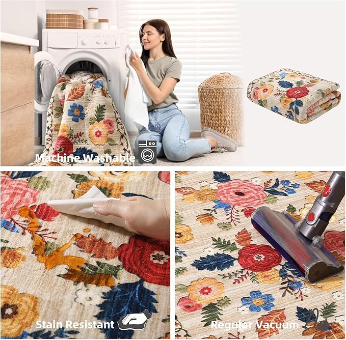 8x10 Area Rugs for Living Room: Washable Rug Stain Resistant Distressed Vintage Floral Rug Non Slip Low Pile Faux Wool Soft Large Area Rugs for Bedroom Bedside Farmhouse Dining Room Kids Nursery