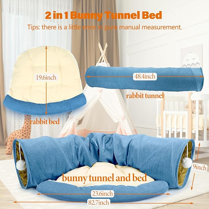 BWOGUE Bunny Tunnel Bed, 2-in-1 Collapsible Tunnel Tubes Toys with Removable Mat Hideout for Cats Kittens Rabbits Guinea Pigs Kitty