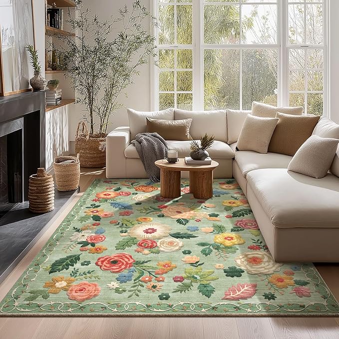 Machine Washable Area Rugs for Bedroom: 5'x7' Living Room Rug Floral Vintage Rug Stain Resistant Non Slip Low Pile Faux Wool Soft Green Rugs for Dining Room Bedside Kitchen Entryway Nursery Office