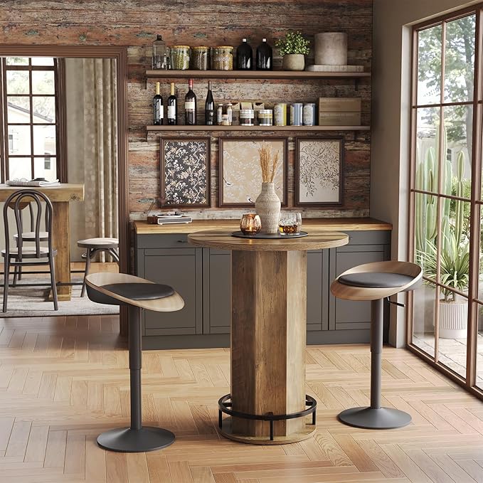 LITTLE TREE Round Bar Table, 39.4" H Wooden Bistro Pub Table with Round Metal Footrest, Small Pub Cocktail Table for Dining Coffee Living Room, Apartment, Balcony, Rustic Brown