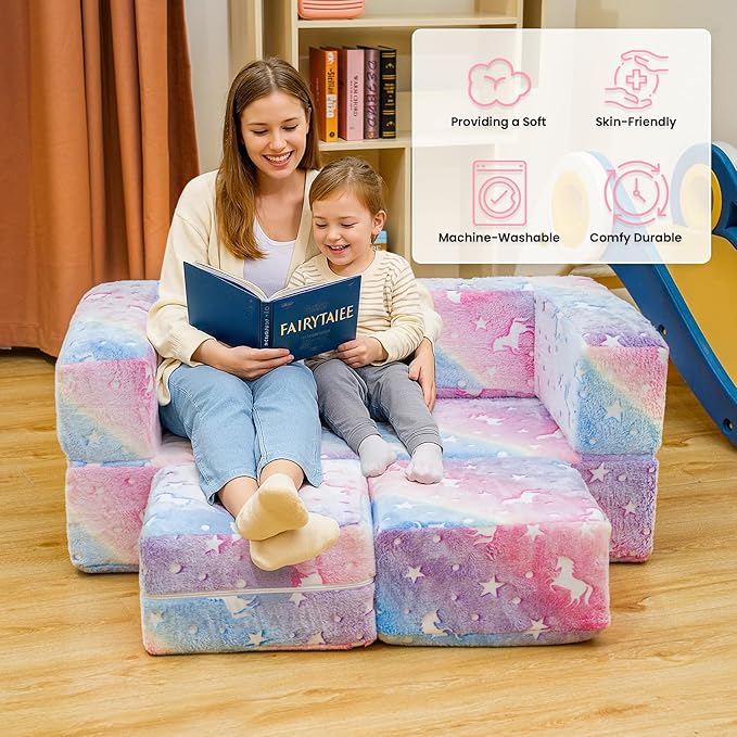 Lamerge Toddler Couch Glow in The Dark Toddler Fold Out Couch for playroom, Convertible Baby Fold Out Play Foam and Floor Cushion for Bedroom (Rainbow+Unicorn)