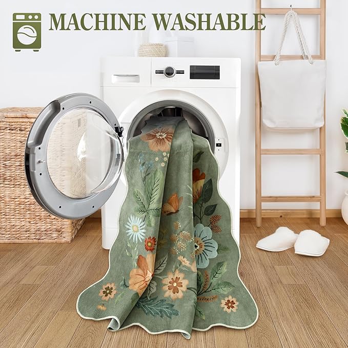 Lahome Floral Rugs for Entryway, 2x4 Washable Kitchen Rugs Ultra-Thin Soft Rug, Non Slip Indoor Door Mat Stain Resistant Boho Small Low-Pile Throw Carpet for Bathroom Bedroom(2x4ft,Green)
