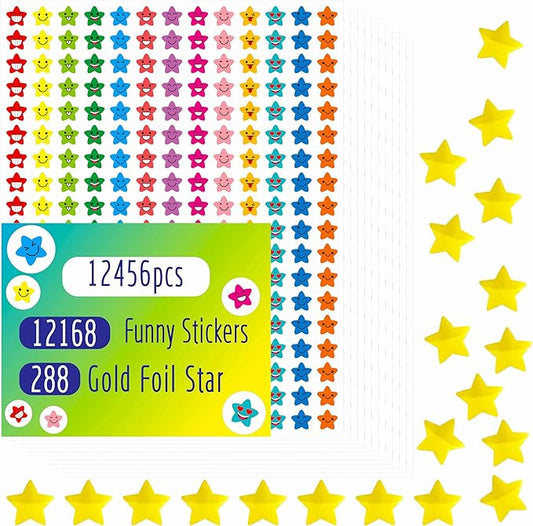 12456 Star Stickers - 12100+ Colorful & 288 Gold Foil Stars, 14 Colors & Designs for Reward Chart (3/8')