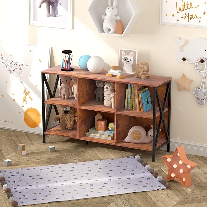 Horizontal Bookshelf Bookcase,Cube Storage Organizer Shelf,Industrial Wide Bookcase with Storage,Low Short Wide Cubby Shelves,Rustic Farmhouse Shelf for Office Bedroom Living Room,47 in(Brown,6 Cube)