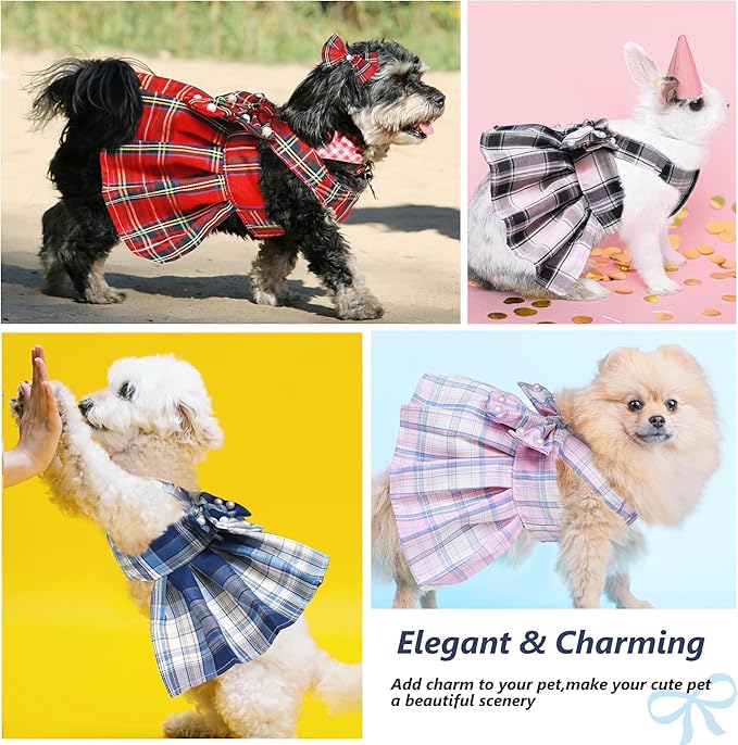 Dog Dress Bowknot Harness Leash Set for Small Dogs Girl Cute Plaid Dog Dress Pearls Bow Tie Spring Summer Princess Clothes Birthday Holiday Doggie Outfits for Puppy Cats Girl Apparel (Red, Medium)