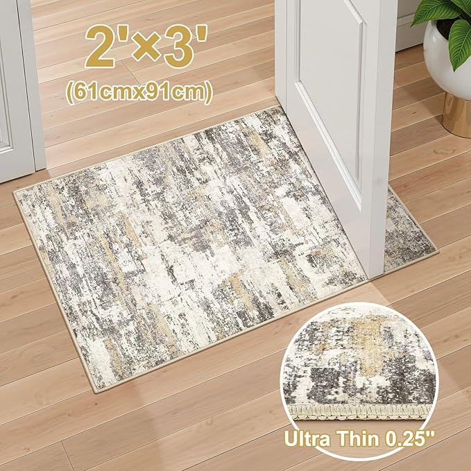 Washable Area Rugs: 2x3 Abstract Modern Soft Stain Resistant Non-Slip Backing for Living Room Entryway Bedroom Nursery - Gold Brown