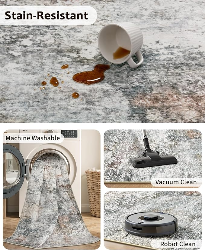Art&Tuft Washable Rug, Anti-Slip Backing Abstract Area Rugs, Stain Resistant Rugs for Living Room, Foldable Machine Washable Area Rug(Grey/Rust, 8'x10')
