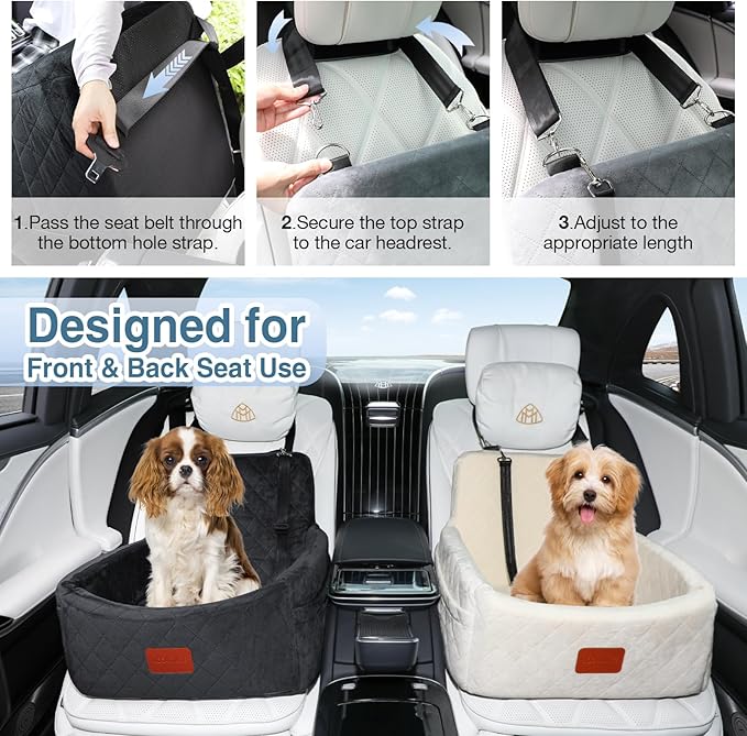 Dog Car Seat for Small Dogs Under 30lbs, Washable Pet Travel Car Bed with Memory Foam,Fully Detachable Cover,2 Storage Pockets & Safety Leash,Non-Slip Bottom(Black)