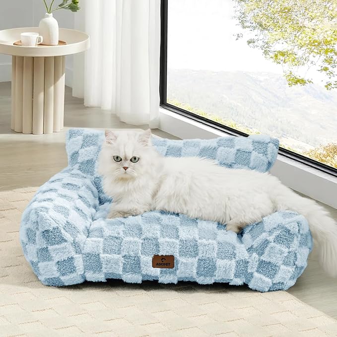 Cat Bed Cats Couch for Puppy and Kitten, Fluffy Pet Couch Small Dog Sofa Bed, Supportive Cat Sofa for Indoor Cats, Washable Cover & Non-Slip, 26 inch, Blue