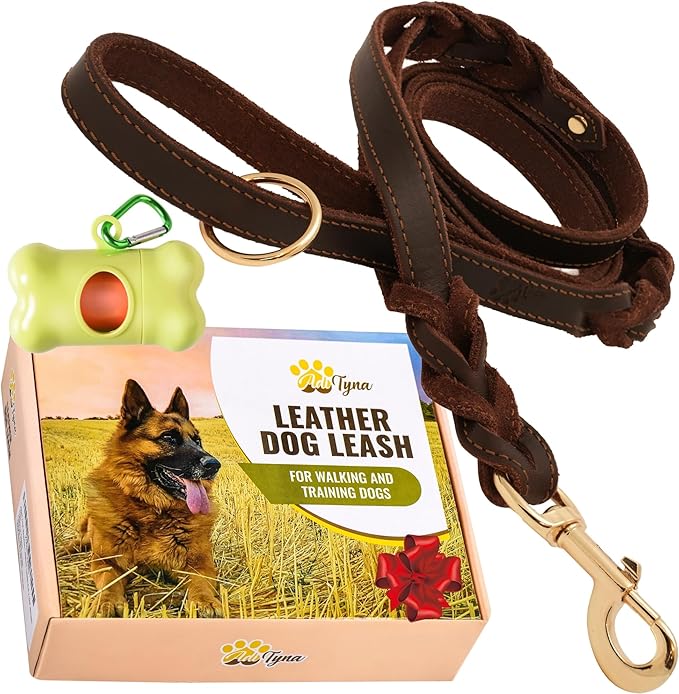 ADITYNA - Double Handle Leather Dog Leash 6ft - Heavy Duty Braided Dog Leash with Traffic Handle - Lead for Training and Walking Medium Large Breeds (Brown, Two Handles 6 Foot x 5/8")