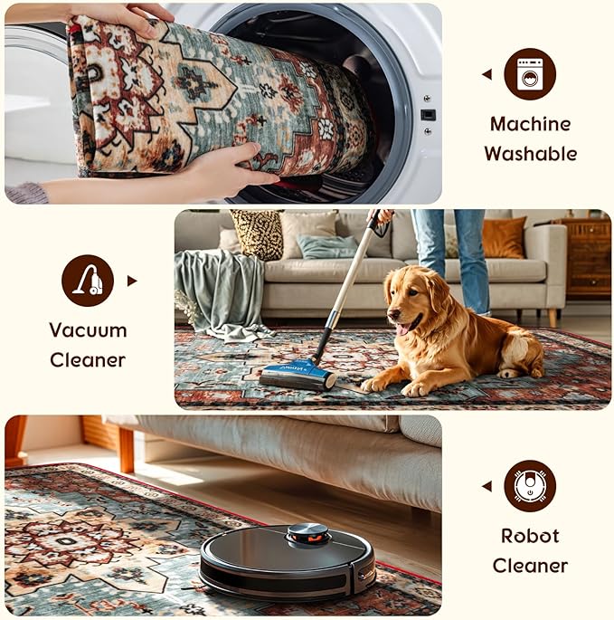 LBRO2M Boho Area Rug 8X10 Washable Rugs for Bedroom Low Piles Indoor Carpet, Non Slip Soft Rug for Living Room, Dining Room, Red Rug Foldable Pet Friendly Area Rugs Stain Resistant (8'X10' Red Teal)