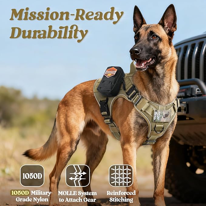 rabbitgoo Tactical Dog Harness Small Medium Sized, No Pull Upgraded Reflective Heavy Duty Molle Vest with Handle, Adjustable Military Service Dog Vest for Walking Hiking Training, Brown, S