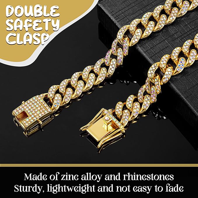 LEIFIDE Dog Chain Collar Diamond Link Puppy Collar 12 mm Wide Dog Necklace Metal Cat Chain Pet Crystal Necklace Jewelry Accessories for Small Medium Large Pet(22 Inch,Gold, AB Color)