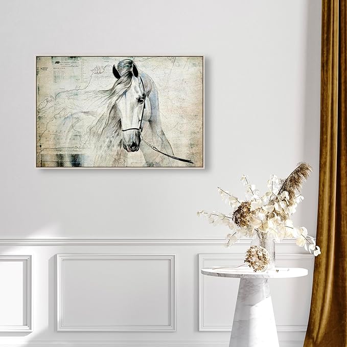 Country Farmhouse Canvas Print Painting Animal Wall Art 'Southern White Horse' Champagne Framed Canvas Rustic Home Décor 36x24 in Gray, Brown by Oliver Gal