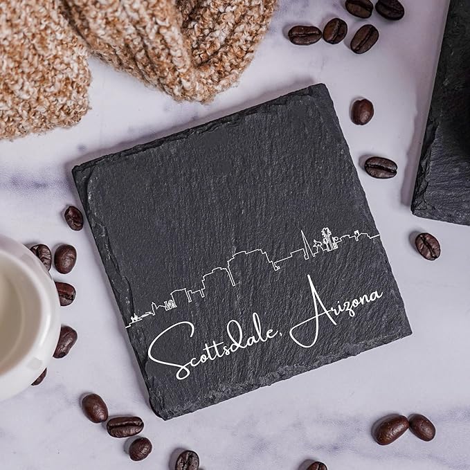Blue Ridge Mountain Gifts - Scottsdale AZ Skyline Coasters, Set of 4 - Scottsdale Arizona Souvenir, Slate Coasters with Minimalist Skyline, Housewarming Gift for Friends, Family, & Neighbors