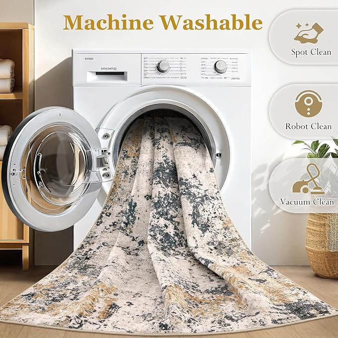 Area Rugs for Living Room: 5x7 Abstract Washable Rug Large Soft Stain Resistant Non-Slip Backing for Bedroom Dining Room Indoor Home Office Carpet for Kids Pet Friendly Families - Grey Gold