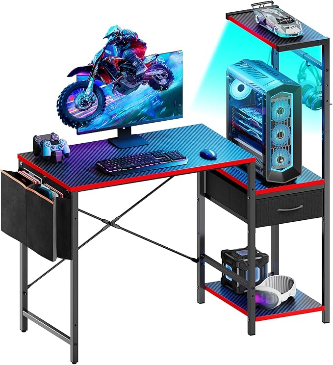 Bestier Gaming Desk with LED Lights, 44 Inch Reversible Computer Desk with Drawers & Storage Shelves for Small Spaces, PC Gamer Table with Storage Bag & Side Hook, Carbon Fiber Black-RED