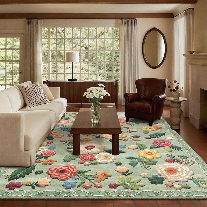 Washable Area Rugs for Living Room: 6x9 Area Rug for Bedroom Vintage Floral Large Rug Stain Resistant Non Slip Low Pile Faux Wool Soft Rugs for Entryway Dining Room Bedside Kitchen Nursery