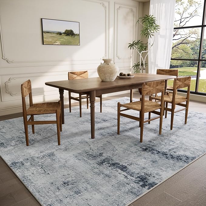 Washable Living Room Area Rugs: 6'x9' Large Rug Stain Resistant Distressed Abstract Rug Non Slip Low Pile Faux Wool Soft Rug for Bedroom Bedside Kitchen Dining Room Farmhouse Nursery Kids Playroom