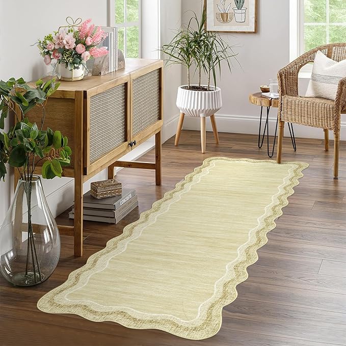 GarveeHome Washable Runner Rug 2x6 Kitchen Hallway Scalloped Rugs Non Skid Stain-Resistant Washable Modern Solid Soft Entryway Carpet Runner for Bathroom Laundry Room Bedside(Beige Yellow, 2x6)