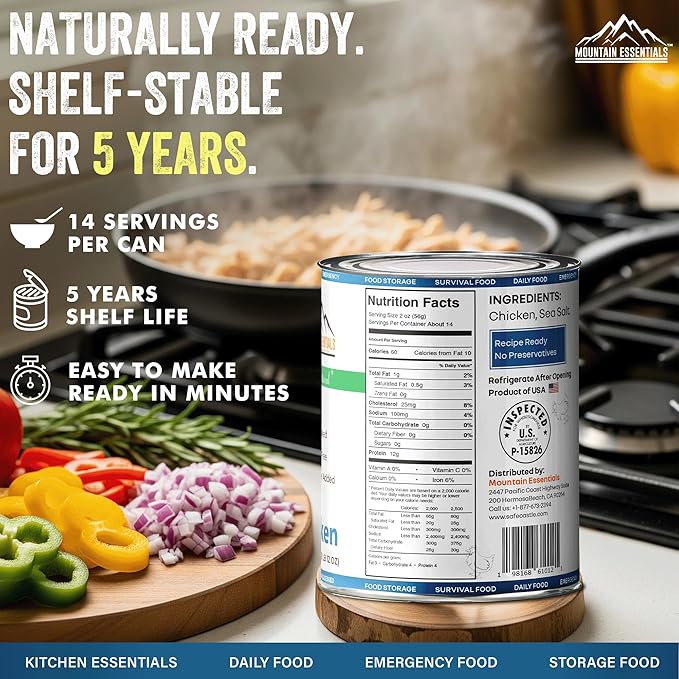 MOUNTAIN ESSENTIALS Fully Cooked Canned Chicken 28 Oz ??White Meat for Daily Meals, Camping & Emergency Food ??Great for Snack, Lunch, Dinner Recipes ??5-Year Shelf Life ??Made in USA ??Pack of 6