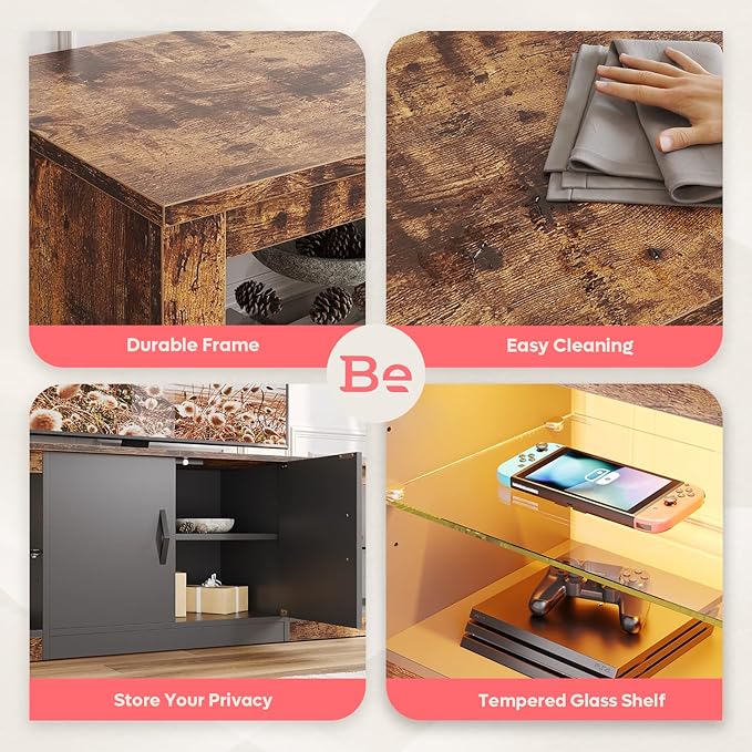 Bestier 70 Inch Led TV Stand for Large TVs - Modern Rustic Brown Entertainment Center with Adjustable Glass Shelves, Two Cabinets, 22 RGB Modes for Living Room Gaming