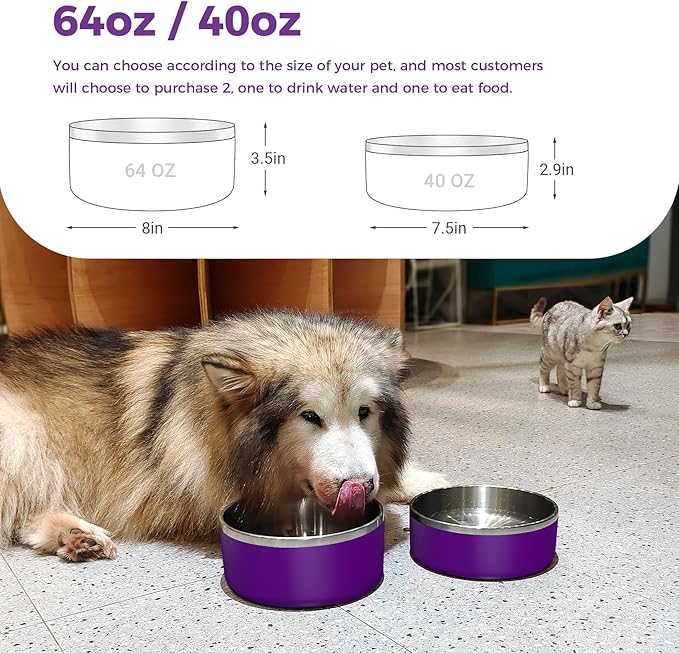 Dog Bowl, Stainless Steel Dog Food and Water Bowl with Non Slip Quiet Bottom, Easy to Clean, Dishwasher Safe, 64oz, Purple
