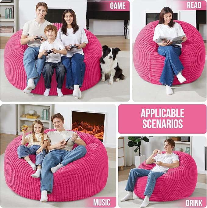 Homguava 5 FT Bean Bag Chair,5' Big Bean Bag,Giant Bean Bag Chairs for Adults with Memory Foam Filled,Comfy Large Beanbag Chairs Soft Bean Bag Sofa with Dutch Corded Plush Cover-Pink