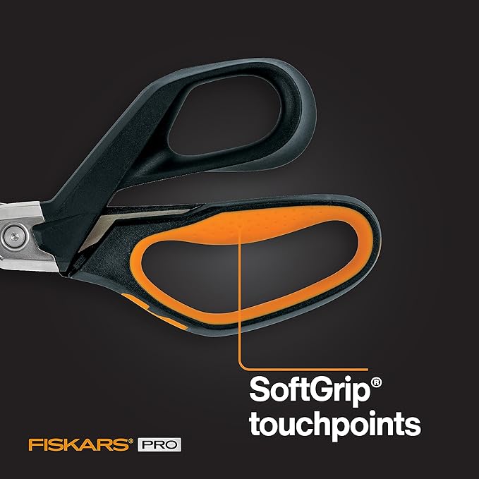 Fiskars PowerArc 8" Shop Shears, Heavy Duty Serrated Stainless Steel Scissors with Comfort Grip, Hardware Tool for Construction, Cut Materials like Insulation, Duct Tape, Cardboard, Rope and Tyvek
