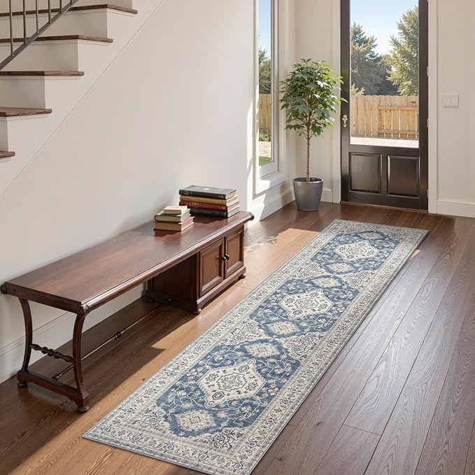 Lahome Oriental Hallway Runner Rug, 2.5x10 Washable Runner Ultra-Thin Hallway Rug for Bedroom Entryway, Soft Long Carpet for Kitchen Bathroom ?랰aundry Room, Blue
