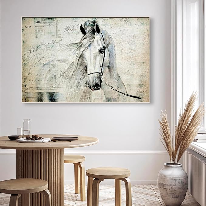 Country Farmhouse Canvas Print Painting Animal Wall Art 'Southern White Horse' Champagne Framed Canvas Rustic Home Décor 54x36 in Gray, Brown by Oliver Gal