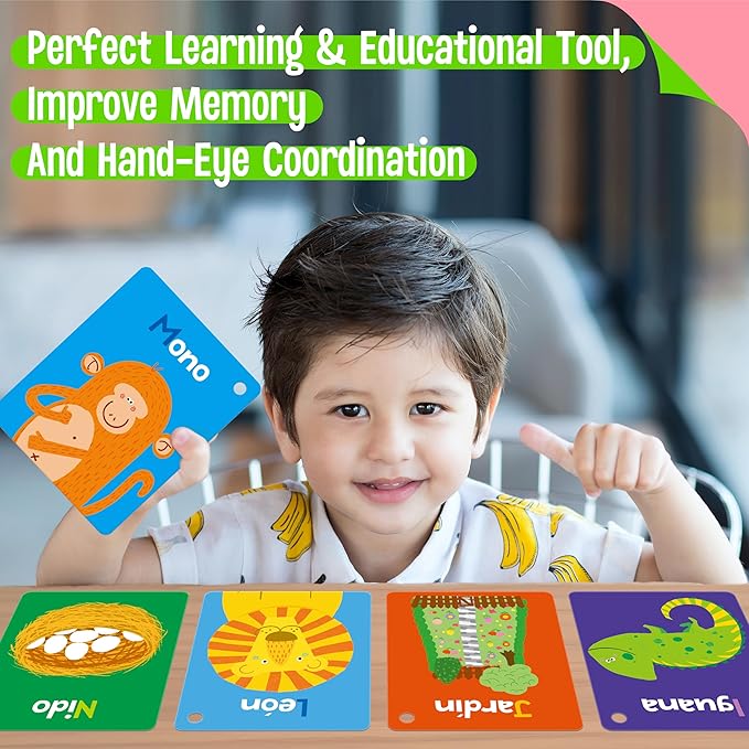 51 PCS Spanish Baby Cognitive Flashcards, Double Sided Printed 7 in 1 Colorful Cards Alphabet, Numbers, Foods, Animals, Shapes, Colors with 2 Reclosable Rings, Learning Tool for Toddlers